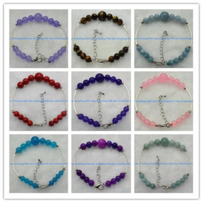 Mode 6mm & 10mm Mehrfarbige Runde Edelstein Perlen Armband 7.5" - Bild 1 von 4