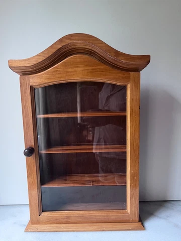 Vintage Oak Wood Cabinet Wall Hanging display Curio Glass Door Cover