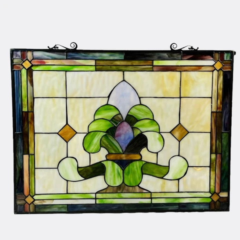 ENGLISH ARTS & CRAFTS STYLE STAINED GLASS WINDOW HANGING Fleur-de-Lis 24x18 Cover