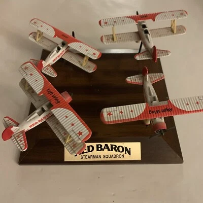 Red Baron Pizza Stearman Squadron Bi-Plane Set Of 4 On A Wood Display 1991 - Image 1 of 4