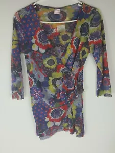 Johnny Heaven Shear Mock-Wrap Floral colorful Stretch Blouse Top Shirt Sz M NWT - Picture 1 of 5