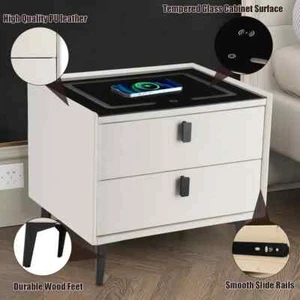 LED Bedside Table with 2 Drawers Wireless Charging Side Cabinet Nightstand White - Picture 1 of 16