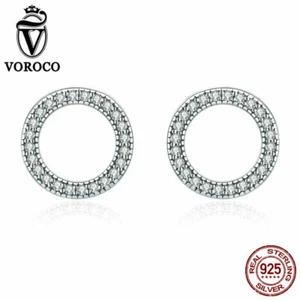 Voroco Free Ship 925 Sterling Silver Earrings Circle Charm CZ Women Jewelry Gift - Picture 1 of 5