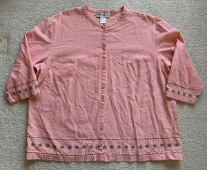 DressBarn Woman Linen Blend Embroidered Top Sz 18/20 W Salmon 3/4 Sleeve Cottage - Picture 1 of 10