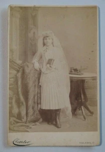 Young Girl in Communion Dress Holding Bible Cabinet Card Photo Toledo Ohio - Picture 1 of 3
