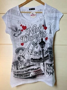 Maxi & Co New Orleans Top Womens XL White SharkBite Hem Sequins Tee Jazz NEW - Picture 1 of 13