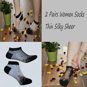 2 Pairs Women Socks, Thin Silky Sheer, Ankle Socks - Picture 1 of 9