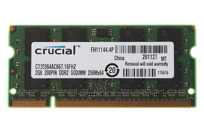 Memory RAM Crucial 2GB 2RX8 PC2-5300S DDR2 667Mhz 200PIN CL5 1.8V SODIMM Laptop - Image 1 of 4
