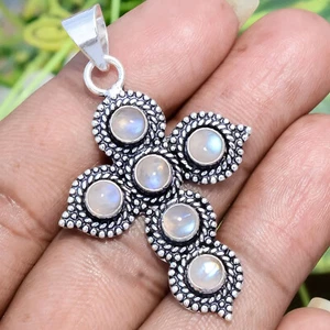 Rainbow Moonstone Multi Gemstone 925 Sterling Silver Cross Art & Crafted Pendant - Picture 1 of 8