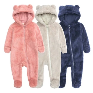 Infant Baby Girl Boy Solid Cartoon Ear Hoodie Romper Clothes Fleece Jumpsuit - Picture 1 of 15