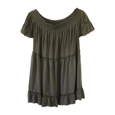 Vestido túnica boho gris EASEL Anthropologie talla L con hombros descubiertos con volantes manga corta Foto 1 de 4