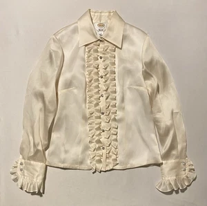 Talbots Ruffled Beige Button Up Long Sleeve Lined Women Shirt 100%Pure Silk Sz 8 - Picture 1 of 20