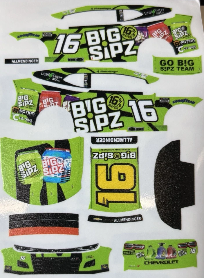 Custom 2025 A.J. Allmendinger #16 Big Sipz 1/64 Scale NASCAR Peel & Stick Decals - Image 1 of 1