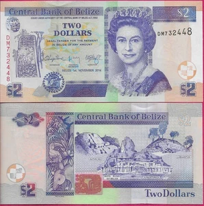 BELIZE 2 DOLLARS 2014 UNC DM,RUINS OF LUBAANTUN AT RIGHT,SITS OF XUNANTUNICH AND - Picture 1 of 1