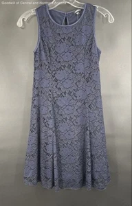 Zunie Blue Floral Lace Overlay Round Neck Sleeveless A-Line Dress Size 14 - Picture 1 of 3