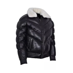 Mens Puffer Leather Bomber Jacket Removable Fur Collar Real Leather Down Jacket - Picture 1 of 16