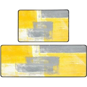 Kitchen Rugs and Mats Non Skid Washable Yellow Kitchen Rug Grey and Yellow Ab... - Picture 1 of 5