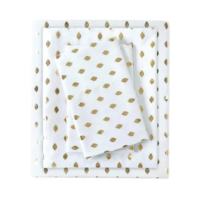 Queen Bed Sheet Set - White Microfiber - Printed Gold Metallic Dot (4-Piece) - Image 1 of 4