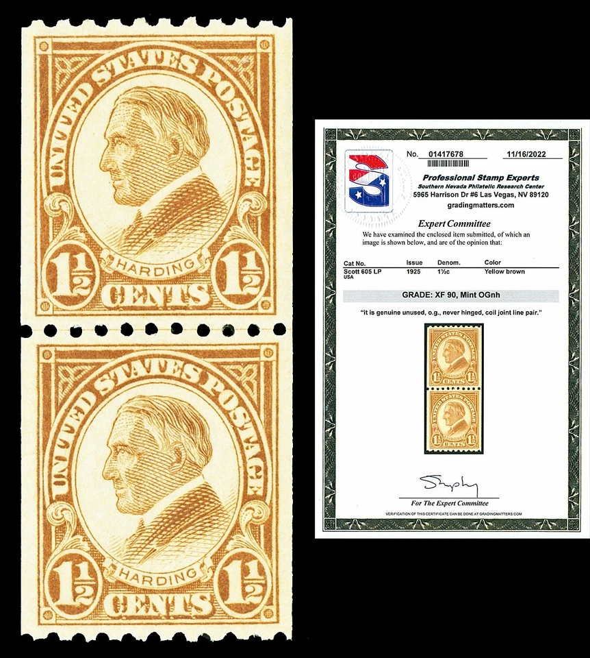 Scott 605 1925 1½c Harding Coil Mint Line Pair Graded XF 90 NH with PSE CERT - Изображение 1 из 1