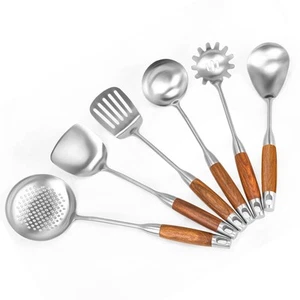 18/10 Stainless Steel Kitchen Utensils Set 6 Pcs Cooking Utensil with Wood Ha... - Picture 1 of 8