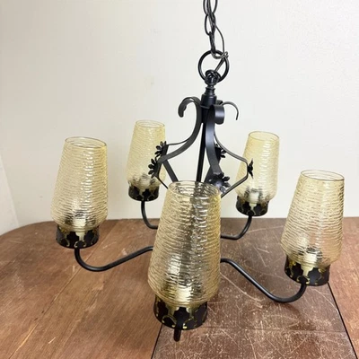 Vintage Mid Century Modern 5 Light Amber Glass Shades Fixture DIRECT WIRE - Image 1 of 4