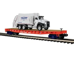MTH PREMIER DONALD J TRUMP FLAT CAR W/ GARBAGE TRUCK (HAS SOUND) O SCALE - Picture 1 of 4