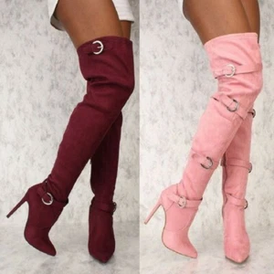 Sexy Womens Suede High Heel Stiletto Buckle Pointy Toe Over Knee High Boots Club - Picture 1 of 22