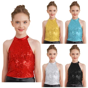 Kids Girls Sequins Halter Backless Crop Tops Jazz Hip Hop Performance Costume - Picture 1 of 53