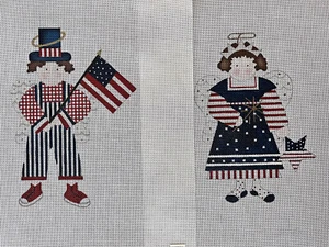 Denise DeRusha 2x Patriotic Boy Girl Angel USA Flag HP Needlepoint Canvas 18ct - Picture 1 of 7