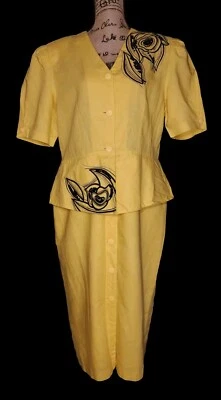 Vintage - Vestido Mijoli Canario Amarillo Peplum Adornado - Para Mujer Talla 16 Foto 1 de 3