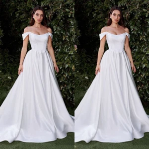 Satin Brautkleider Weiß Elfenbein Elegant Strand A Linie Sommer Braut Growns - Bild 1 von 9