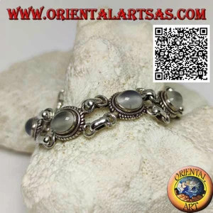 Bracciale in Argento 925‰ a doppia catena con 5 pietre di luna ovali cabochon  - Foto 1 di 2