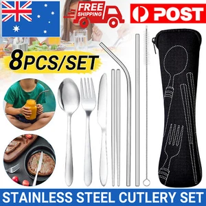 8 Pcs Portable Stainless Steel Tableware Knife Fork Travel Camping Cutlery Set - Picture 1 of 10
