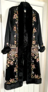 SUE WONG NOCTURNE Asian Design Embroidered 100% Silk Open LONG COAT (Size 8) - Picture 1 of 7