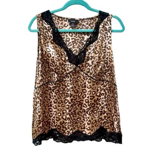 Vtg Y2K Silk Leopard Print Camisole Babydoll Top Lace Trim Brown Sz L Mob Wife - Picture 1 of 14