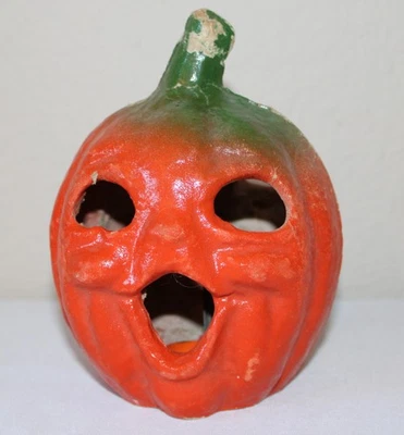 Linterna de doble cara vintage de Halloween de papel maché Jack O linterna calabaza JOL Foto 1 de 4