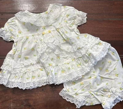 Vintage Sesame Street Brand Yellow Rose Rosebud Lace Dress Bloomers 3-6M - Image 1 of 4