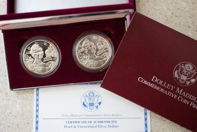 1999 Dolley Madison 2 Coin Proof & BU 90% Silver Dollars US Mint Commemorative - Image 1 of 3