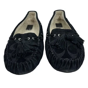 COACH Anita Black Suede Shearling-Lined Moccasin Slippers Tassels Womens SZ 10B - Picture 1 of 7