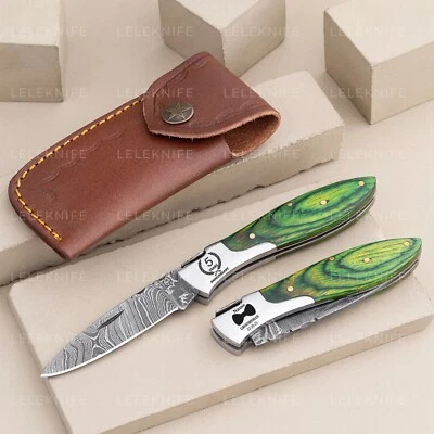 Cuchillo de Bolsillo Plegable Damasco Hecho a Mano Camping Caza Skinner Cuchillo con Bolsa Foto 1 de 2