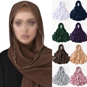 Muslimischer Chiffon Hijab Damen Schal Kette Rand Tuch Einfarbig Uni Turban Halstuch - Bild 1 von 24