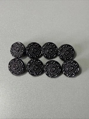(8) Vintage Black Glass 3/4” Mourning Shank Buttons Purple Floral Pattern - X7 - Image 1 of 4