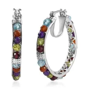 Hoop Earrings Womens Multi Gemstone in Platinum Bond 15.85 ctw Original Box - Picture 1 of 6