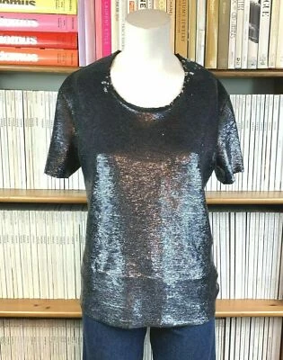 Camiseta IRO Damas 8 XS Top Lentejuelas Adornada Metálica Plateada Cuero Borde Foto 1 de 4