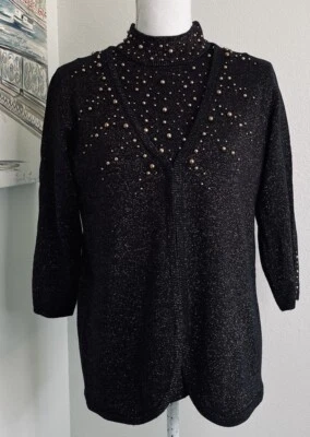 Estilo Susan Graver | Conjunto doble suéter con cuentas metálicas negro y dorado para mujer pequeño Foto 1 de 4