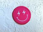 Embroidered Iron on Patch. Hot Pink Smiley Face patch. Lightning Bolt smiley. 