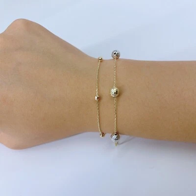 14k Gold Fancy Tri-Color Diamond Cut Balls Two-Layer Bracelet Adjustable 7 to 8” - Image 1 of 3