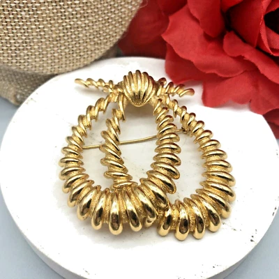 Signed Monet Brooch Brushed & Smooth Gold Tone Layered Rope and Tie  2 1/2 " - Image 1 of 4