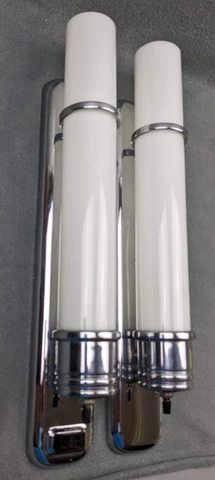 Pair 1930s-1950s J.C. Virden Bath Sconces, Opal Glass Cylinder Shades, Excellent Cover