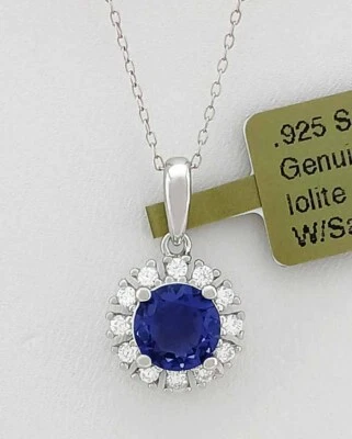 COLLAR GENUINO 1.06 Cts IOLITA Y ZAFIRO BLANCO .925 Plata de Ley - Nuevo con Etiquetas Foto 1 de 4